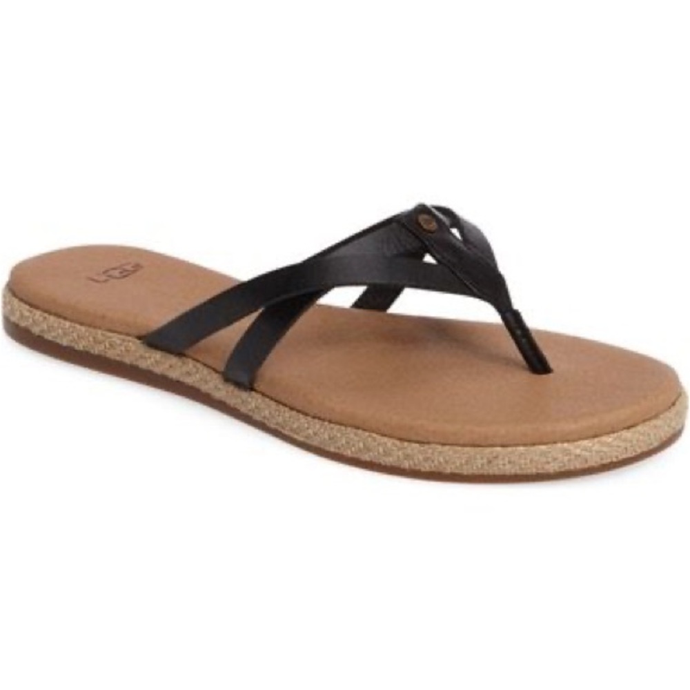 UGG Women's Annice Black Strappy Leather Thong Sandal